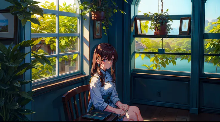 extreme hight detail，Warm light and shadow，The greenery outside the window spreads，The atmosphere in the room，Vines swayed over the windows，ultra HD picture quality，Create the best quality。