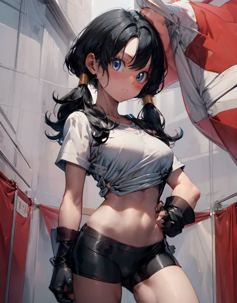 masterpiece, best quality, highres, videl2, solo, blue eyes, black hair, twintails, black gloves, bike_shorts, bangs, white shir...