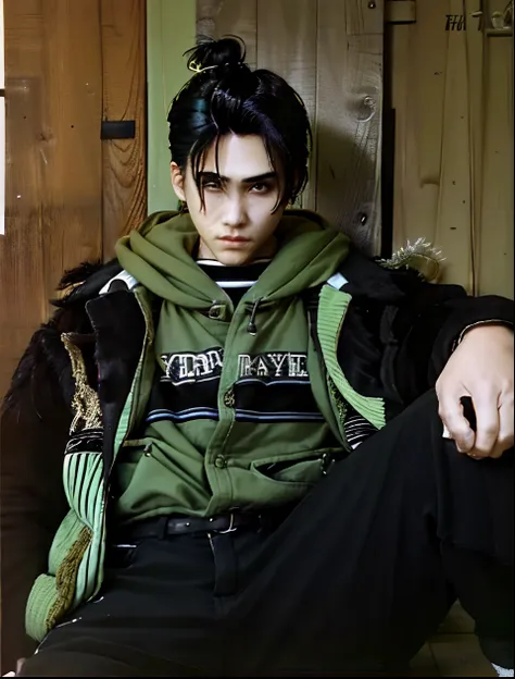 1boys, black hair, realistic, green jacket, high detail, hair tied up,cool boy,