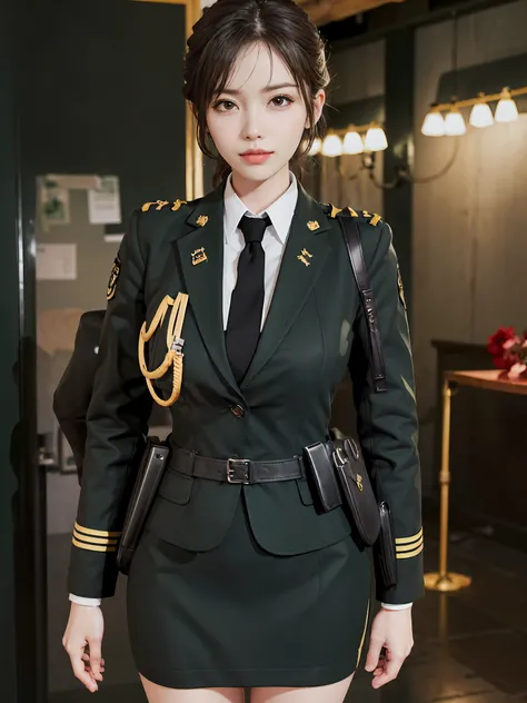 Very detailed CG unity 8K wallpaper,(tmasterpiece),(best qualtiy),(ultra - detailed),(Ultra photo realsisim),(best character detail:1.36),Nikon D750 f / 1.4 55mm,profesional lighting, physically-based renderingt, 1girll, Female soldier,army suit,Dark green...