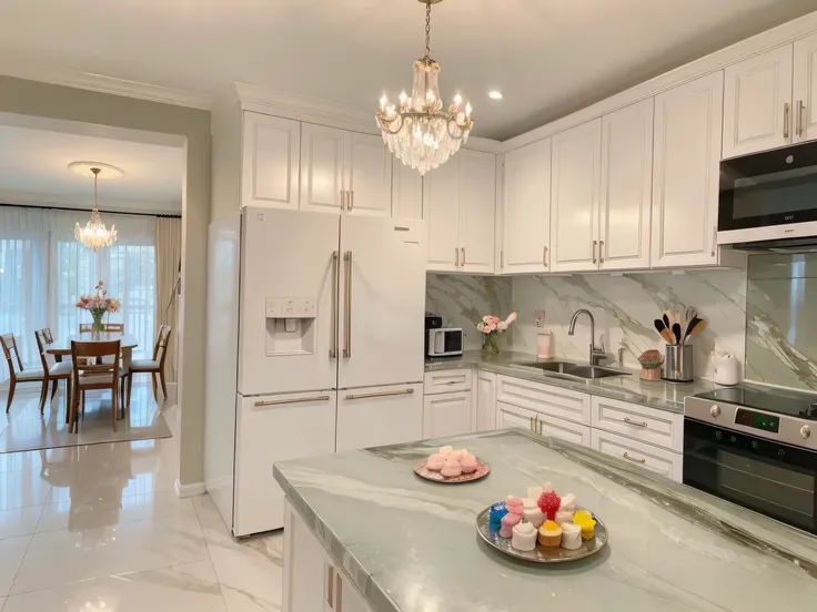 ,masterpiece, best quality,8k, ultra highres,As a forbidden place in the Magic Kingdom,This kitchen emits fragrant pink smoke,Shimmering with crystal light。Huge candy columns pile up to form a cute countertop,Juice flowing with rainbow colors。The jewel-enc...