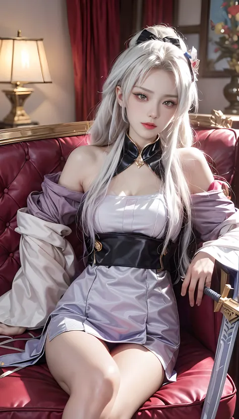 the arad woman in costume sits on the sofa with a sword, gorgeous role play, 《fireemblem》in edergard, keqing from genshin impact...