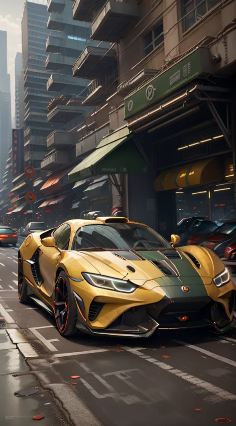 a futuristic sports car on the street of a futuristic city