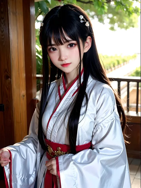 medium view, girl focus, a girl,（hanfu：1.3），from outside the camera,  delicate and beautiful face, exotic, mysterious forest, hi...