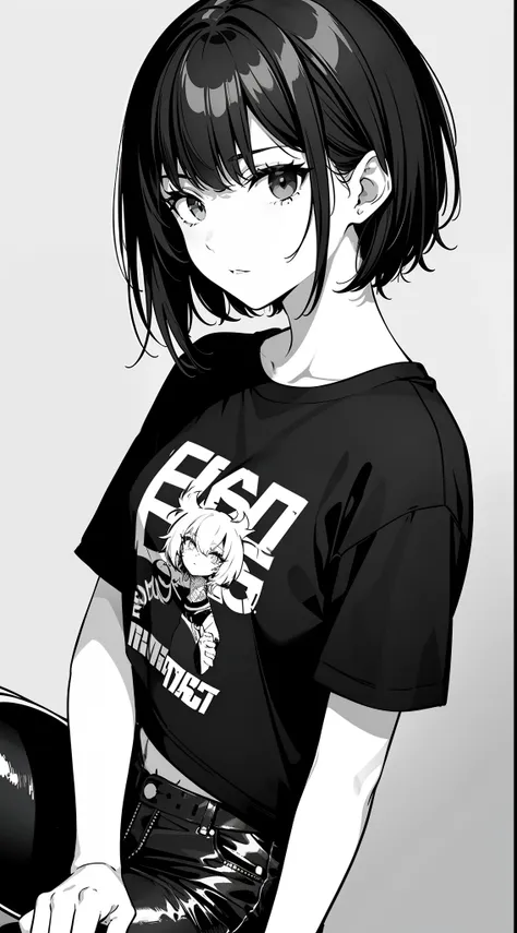 girl, side portrait, black and white, messy short hair, edgy accessories,sporty style, casual t-shirt, confident gaze, monochrom...