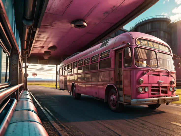 the bus, a vintage 1950s greyhound, journeys westward along a deserted highway, the windshield flashing a vibrant pink hue. the ...