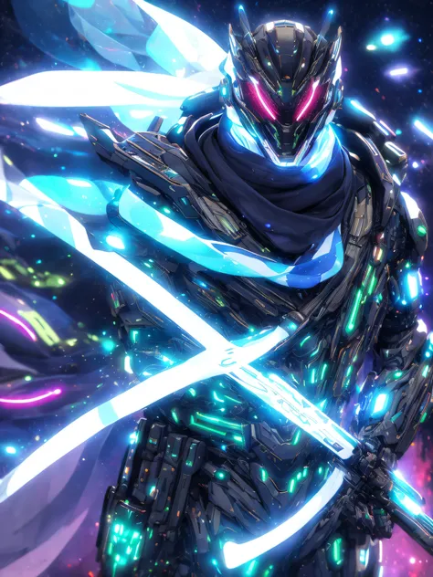 realistic,shiny,reflective,bioluminic, galactic cybernetic mask,mecha,(assassin:1.2),((((scarf,long cloak)))),sh4g0d,GlowingRunes_red,fullbody,cinemnatic,dark background,backlight,high contrast,