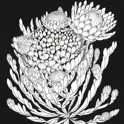 (Monochrome images:1.3)、(Protea Coloring Book:1.3)、It features a simple、Draw with outline
