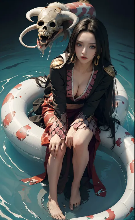 (((masterpiece+best quality+high resolution+ultra-detailed))), boa hancock, long silky black hair, high nose, sharp eyes, noble and inviolable temperament, (([female]: 1.2 + [beauty]: 1.2 + black long hair: 1.2)), snake_skull background, bright eyes, dynam...