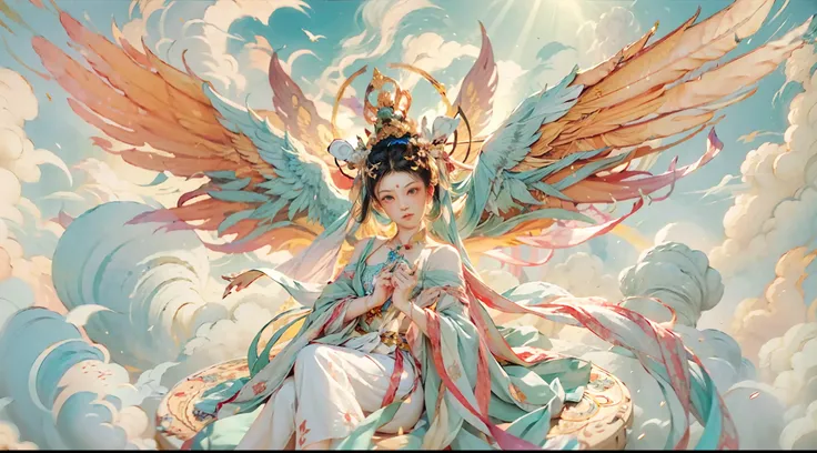 （beauty fairy）, （buddhism），（dunhuang）, （bodhisattva）, she flew in the air, colorful silk cloth flutters，clouds surround，（delicat...