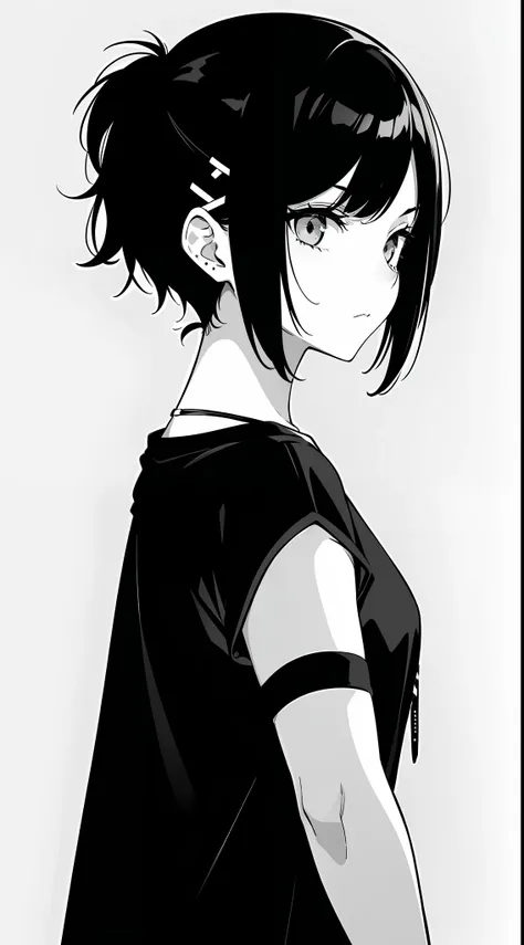 girl, side portrait, black and white, messy short hair, edgy accessories,sporty style, casual t-shirt, confident gaze, monochrom...