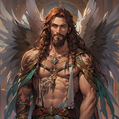 he is an archangel. he has very long auburn hair that reaches the middle of his back, adorned with a few braids and decorated wi...