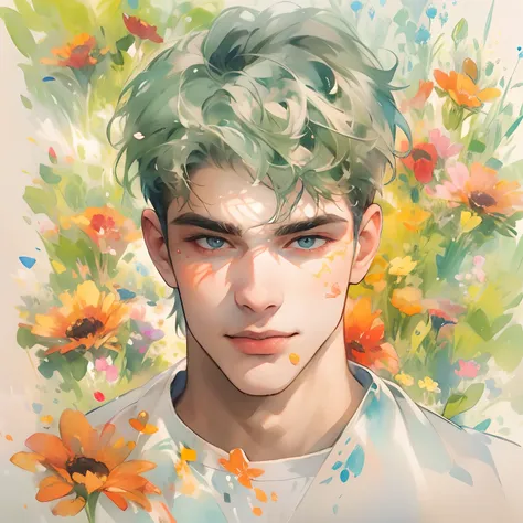 （best qualtiy，tmasterpiece，aquarelle，splash ink），1 portrait of a handsome man，20yr old，sunny and cheerful，background petals drif...