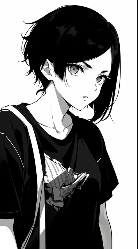 girl, side portrait, black and white, messy short hair, edgy accessories,sporty style, casual t-shirt, confident gaze, monochrom...