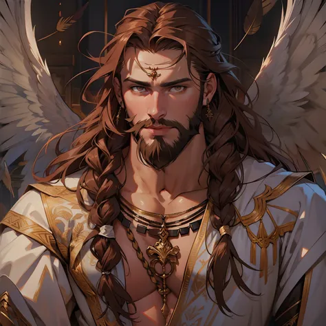 he is an archangel. he has very long auburn hair that reaches the middle of his back, adorned with a few braids and decorated wi...