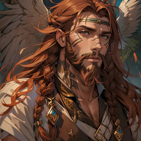 he is an archangel. he has very long auburn hair that reaches the middle of his back, adorned with a few braids and decorated wi...