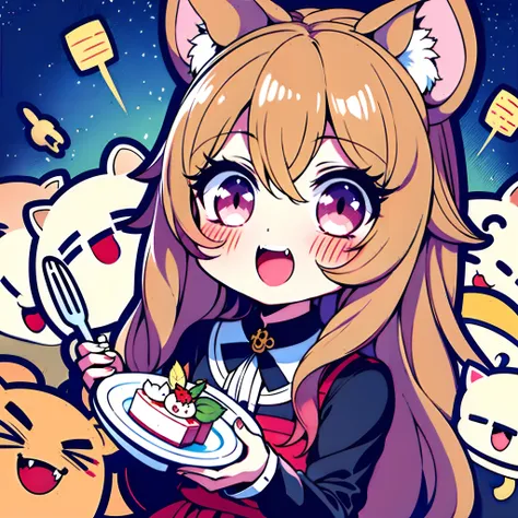 anime girl holding a plate of food in front of a group of cats, anime moe art style, eating a cake, zerochan art, cute anime cat...