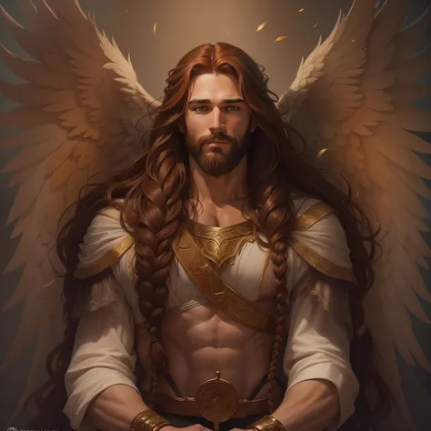 he is an archangel. he has very long auburn hair that reaches the middle of his back, adorned with a few braids and decorated wi...