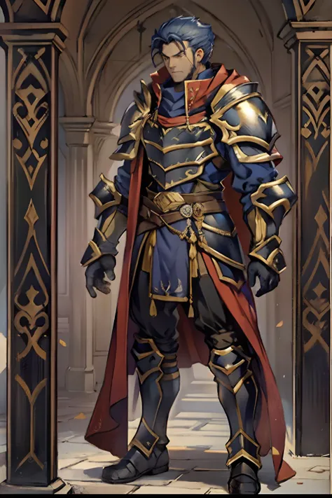 Hector Fey, Solo, looking at viewert, irate,disgust, mitts, 1boy, Male focus, Cloak, Armour, Shoulder armor, From below
