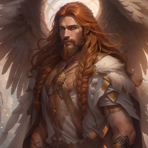 he is an archangel. he has very long auburn hair that reaches the middle of his back, adorned with a few braids and decorated wi...