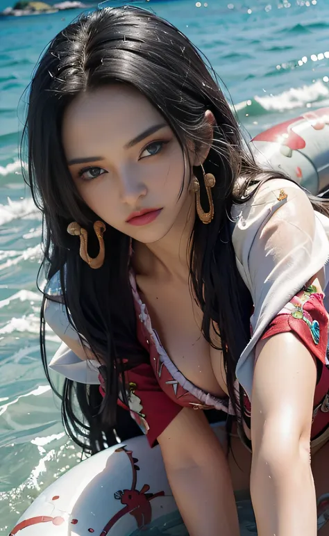 (((Masterpiece+Best quality+high resolution+Ultra-detailed))), boa hancock, Long silky black hair, High nose, Sharp eyes, Noble and inviolable temperament, (([Female]: 1.2 + [Beauty]: 1.2 + Black long hair: 1.2)), Snake_skull background, Bright eyes, Dynam...