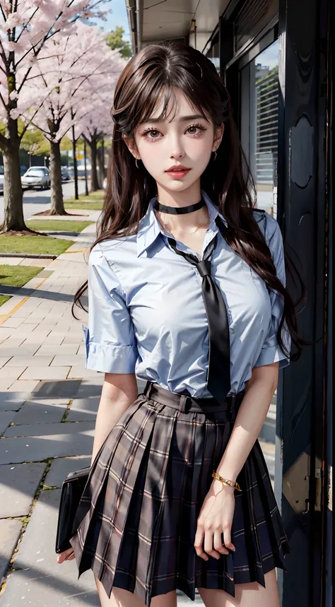 masterpiece, best quality, full body, 1girl, bangs, black choker, black necktie, black hair, blue skirt, blush, bracelet, breast...