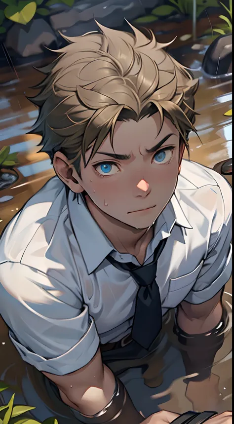 (1 Adult male),A high resolution, Sharp focus, Pixiv masterpiece, ((Complicated details)), highly detailed, natsuki_subaru, 1 man,Lying in the mud, Lazy,full bodyesbian, blue color eyes(eyes glowing), Short yellow hair,white shirt,Wear a tie,Wear a belt,...