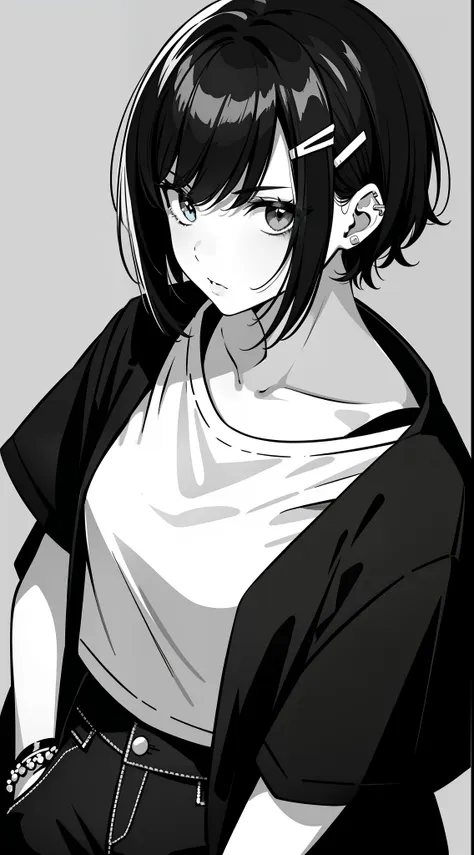 girl, side portrait, black and white, messy short hair, edgy accessories,sporty style, casual t-shirt, confident gaze, monochrom...