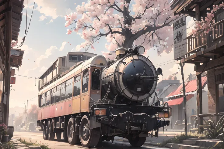 ”a bus journeys west,
the windshield flashing pink,
pink glancing off of metal,
brushing the dented flank
of blue, beat-up enamel.", sakura tree, bloom.(masterpiece:1.2, best quality, digital art, hyperrealistic details, detailed digital art, realistic tex...