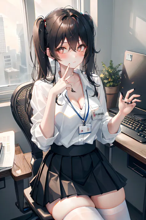 hu tao, 1girl, solo, ((white shirt)), black thighhighs, breasts, cleavage, uniform, office background, black skirt, pleated skir...