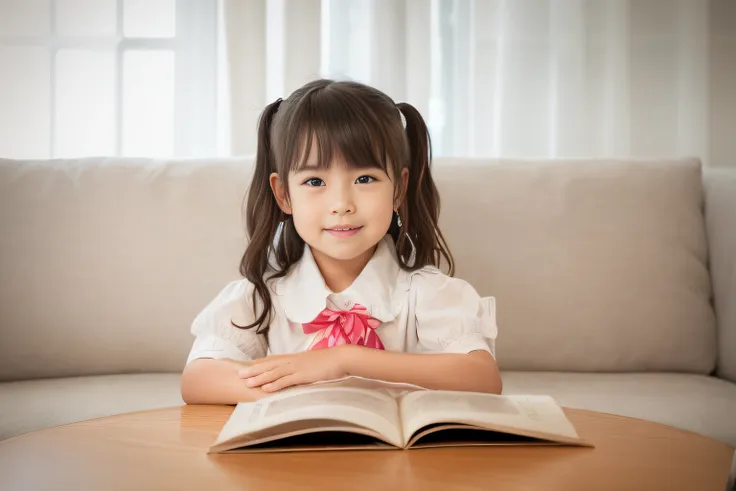 a little girl reading a book，place one hand on the other，an open book，a natural hand，creamy texture