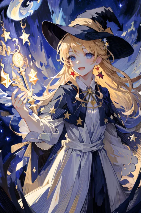 ((masterpiece:1.2, best quality)), 1girll, solo, (witch hat), blonde hair, long hair, dress, aurora, night, star (sky), mitts, s...