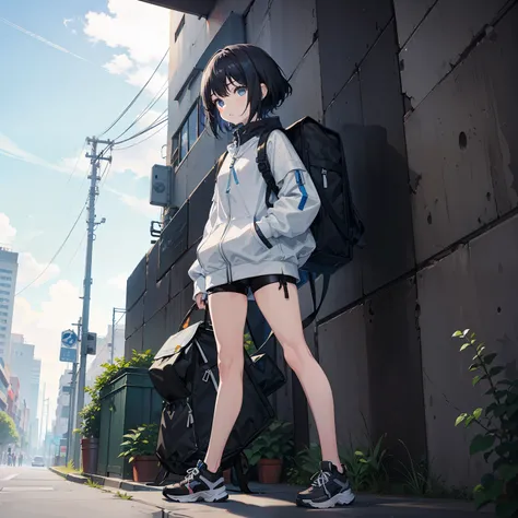 anime loli, 1loli, whimsical, short hair, black hair, detailed clothing, detailed blue eyes, small body, flat chest, curvy loli, luiviton white jacket, black bike shorts, backpack on back, standing, hands in pocket, sneakers black, opocalyptic scenery