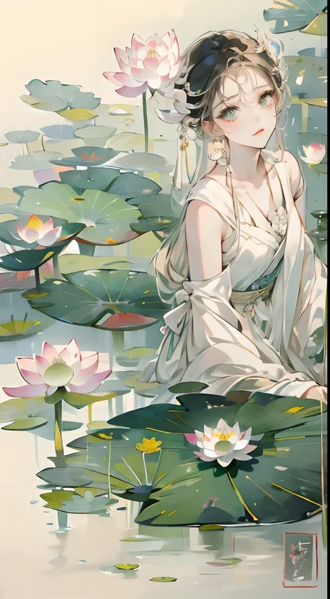 (Best picture quality,tmasterpiece,aquarelle,Splash ink),Delicate portrait of a girl,Cool temperament,Lotus,Lotus leaf,lotuses