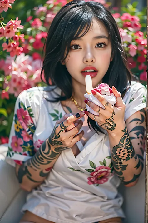 mixed asian sexy beauty,tattoos on hands full of flowers,sexy expression,lick the ice cream on your hand