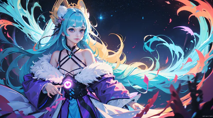 a picture of a beautiful nine tailed fox girl stares, glowing eyes, small blue aura flame around her, masterpiece, best quality, light particle, depth of field, field, scenery, fantasy, starry night, red light, blue light, far away, pastel colors, chromati...