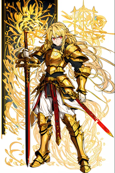 sun knight，golden hair，shoun，golden longsword，golden rays，golden glowing eyes，red armor，handsome，anime big breast，exquisite，work...