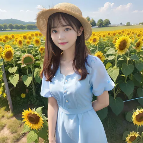 8K、(realisitic、Photorealsitic:1.37)、(masterpiece:1.2)、(top-quality:1.4)、(超A high resolution:1.2)、(RAW Photography:1.2)、(foco nítido:1.3)、(facefocus:1.2)、(full bodyesbian:1.3)、1girl, (solo:1.5), long hair, (one-piece dress:1.4), (straw hat:1.3), outdoor, s...