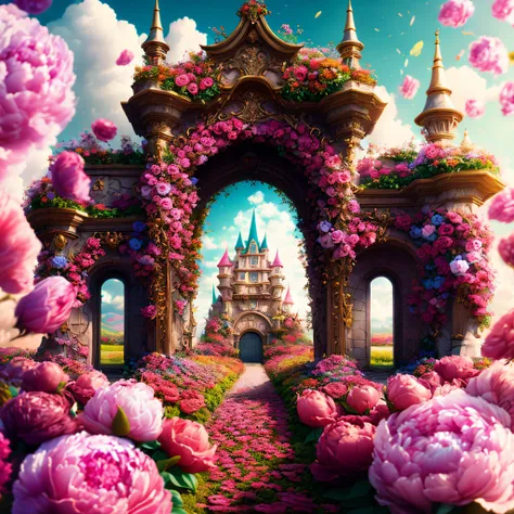 photo (flowergateway style:1) the castle entrance is surrounded by flowers, disney, peony, cinematic, surreal, hd