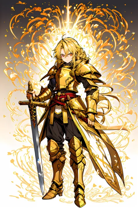 sun knight，golden hair，shoun，golden longsword，golden rays，golden glowing eyes，red armor，handsome，anime big breast，exquisite，work...