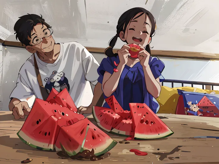 closeup cleavage，grandpa watched his granddaughter eat watermelon，cheerfulness，blissful，hayao miyazaki anime style