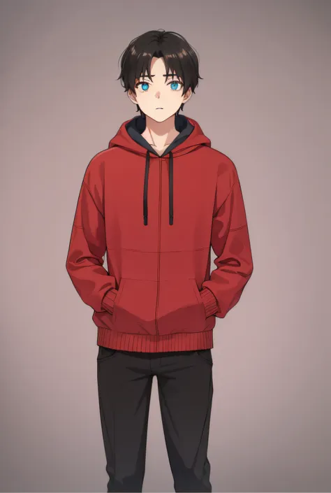 "1boy, stands, dressed in a red sweatshirt, black pants, cyan eyes"