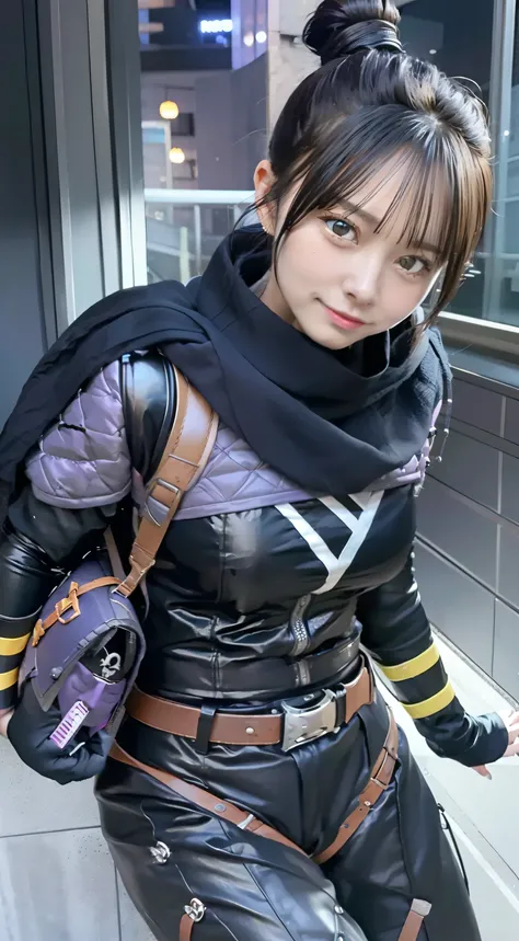(masutepiece, Best Quality:1.2), wraith (Apex Legends), 1girl in, Solo, Single hair bun, Hair bun, body suit, scarf, Black bodysuit, Holding, breasts, Black hair, Black scarf, Large breasts, Blue eyes, Belt bag, , Looking at Viewer,A smile、cute little、japa...