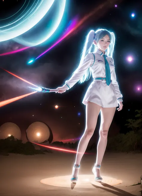 (realistic, real life, cosplay, photorealistic), ultrainstinct, 1girl, aura, aura surrounding body, (masterpiece, best quality), (outdoors), full body, very long hair, hatsune miku, detailed background, (space)