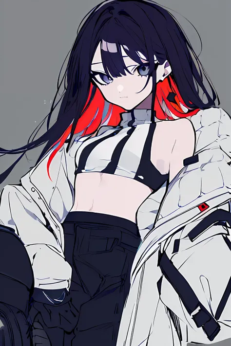 obra-prima, melhor qualidade, original_outfits, 1girl, solo, pálida-skinned_female, long_hair, Slacks, umbigo, crop_top preto, on_motorcycle, jaqueta, logotipo, luvas, floating_hair, brincos, off_shoulder, open_jacket, midriff, multicolored_hair, bare_shou...