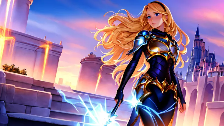 beautiful derailed face, sunset, a young gorgeous lux, luxanna crownguard, league of legends, ((full body)), 1girl, solo, blonde hair, blue eyes, blue pants, blue bodysuit, bodysuit, impossible bodysuit, brown hairband, hairband, long hair, long sleeves, b...