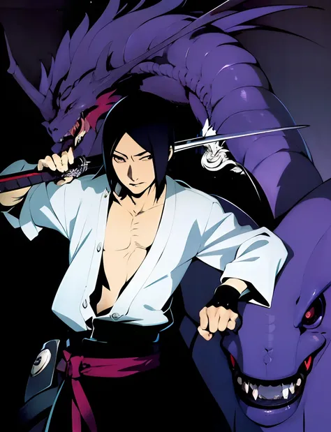 a closeup of a person holding a sword in front of a dragon, sasuke uchiha, Akiyuki Shinbou, Shikanosuke Yagaki, itatchi uchiha, inspirado em Sugimura Jihei, Okata Kazuto.., itachi uchiha, Itachi, Ozabu, Kazuya Tsurumaki