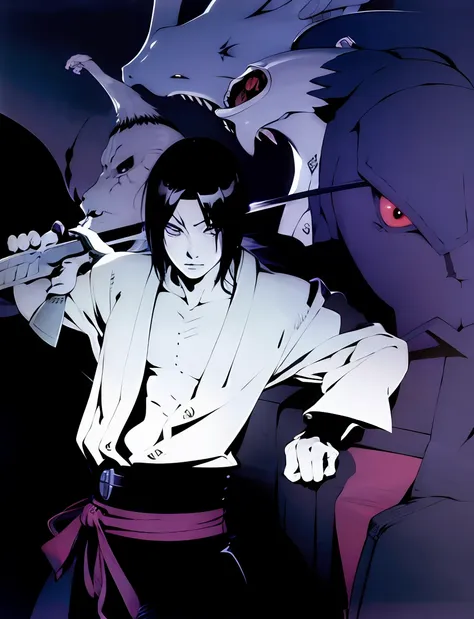 a closeup of a person holding a sword in front of a dragon, sasuke uchiha, akiyuki shinbou, shikanosuke yagaki, itatchi uchiha, ...