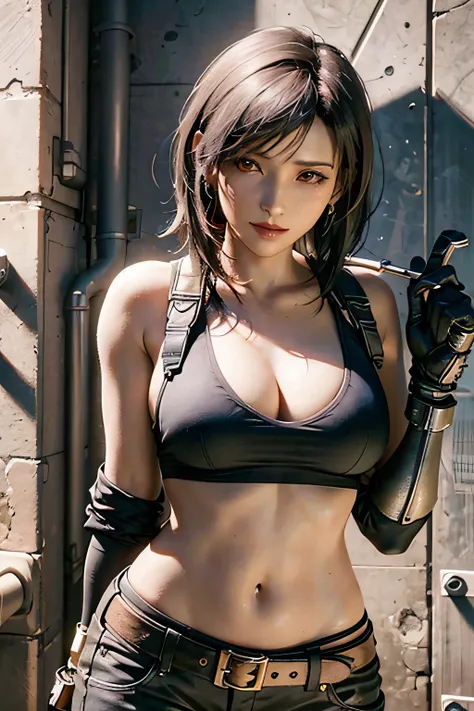 (masterpiece), (top-quality), 8K分辨率, ultra-detailliert, ultra-detailliert, realisitic, a picture, photorealisim, (1girl), tifa, Final Fantasy, Tifa Lockhart, rays of sunshine, cinematic, Cool Pose, concrete wall,metal pipes,Details red eyes,Detailed doubl...
