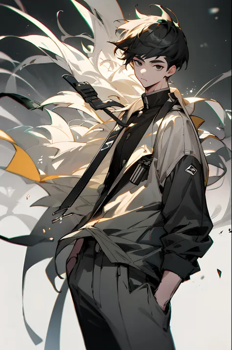 "tmasterpiece, Premium texture, Single male character, Wearing a boys uniform, Hand pockets, Carrying a school bag, Cool black hairstyle, Deep black eyes, cyber punk style, Street background, Monochromatic, Art style with sharp lines, The background is ric...